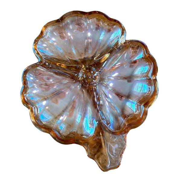 Other - Vintage Marigold Carnival Glass Iridescent Flower Candy Dish Leaf Handle Amber